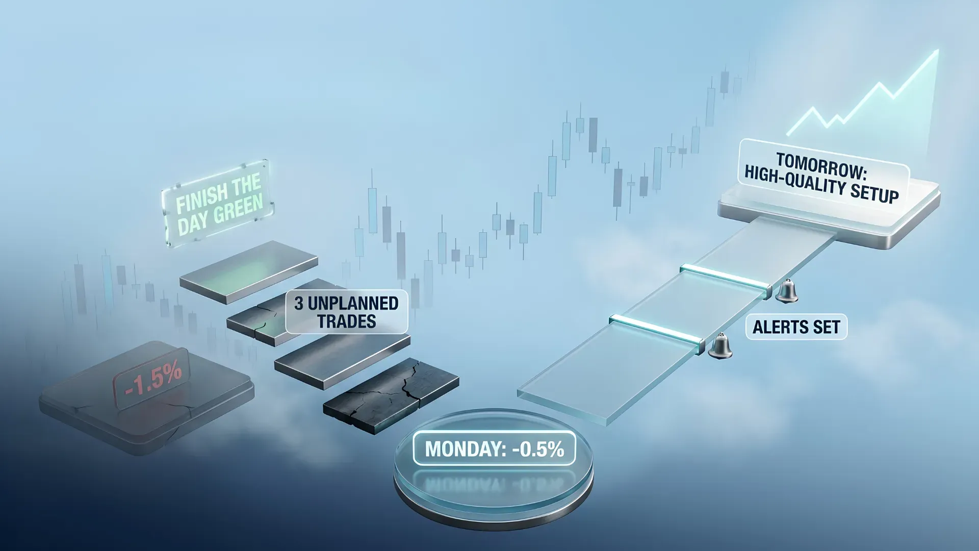 Unplanned trades after a Monday loss compared with waiting for a high-quality setup with alerts set