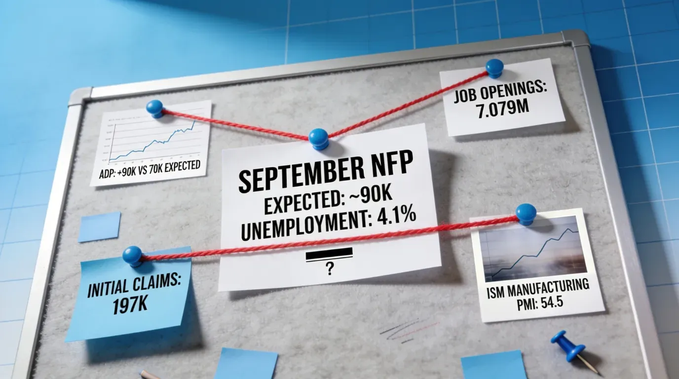 Pinboard linking September NFP expectations of 90K and 4.1% unemployment to ADP, job openings, initial claims and ISM manufacturing