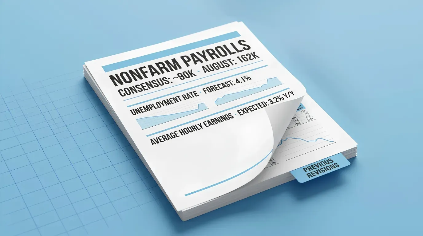 Nonfarm payrolls report showing a 90K consensus, a 4.1% unemployment forecast, 3.2% expected wage growth and a previous revisions tab