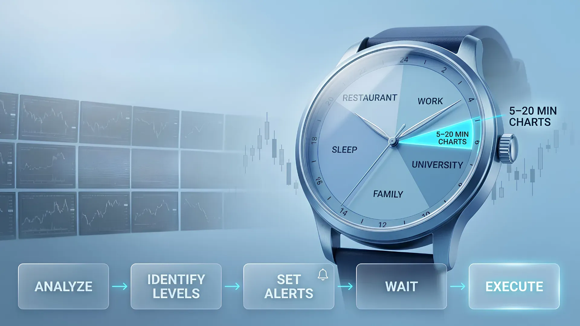Watch showing 5–20 minutes of chart time next to a routine: analyze, identify levels, set alerts, wait, execute