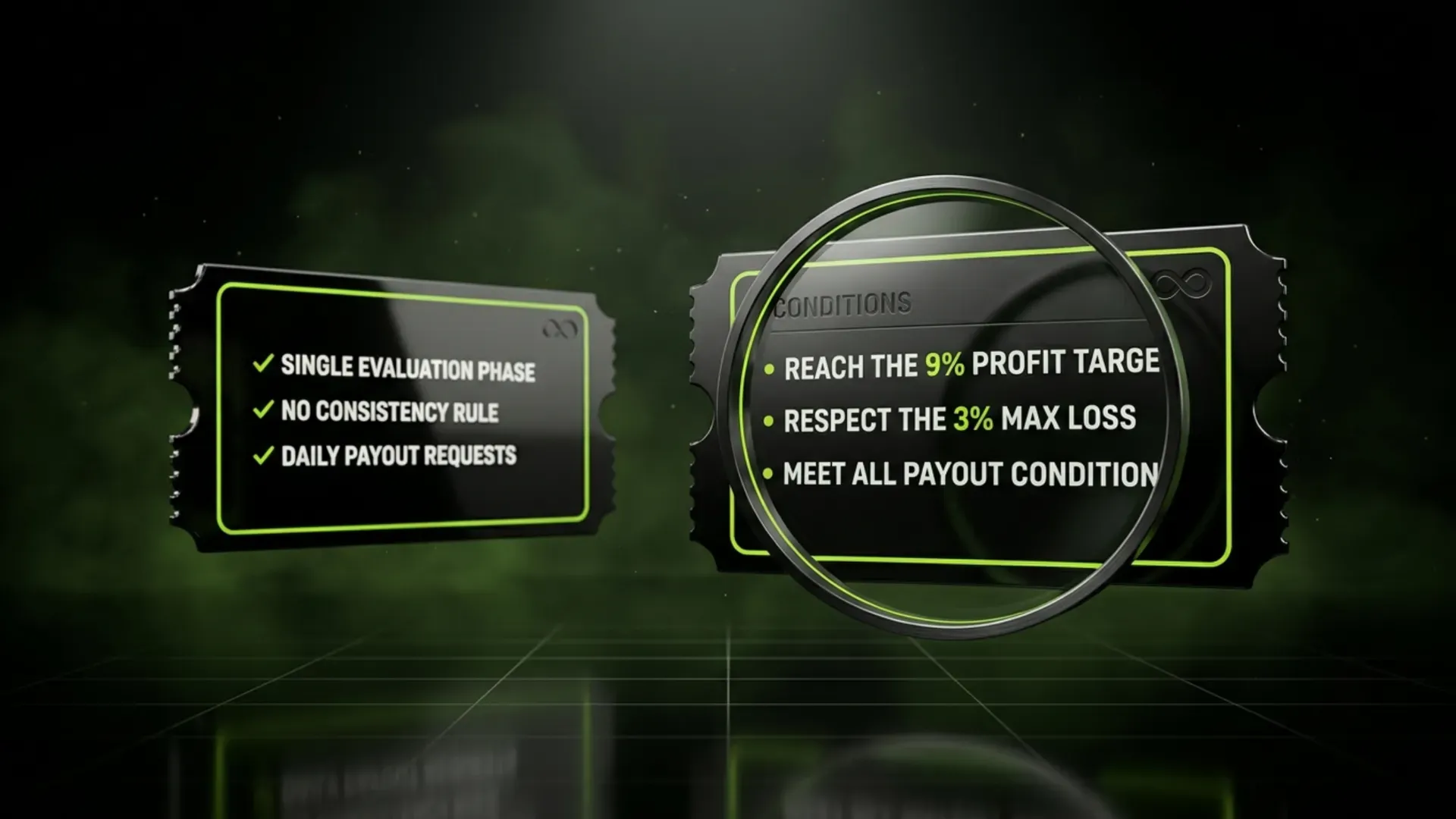 Two 1-Step Infinity tickets, one listing its benefits and one, under a magnifying glass, the conditions: reach the 9% target, respect the 3% max loss and meet all payout conditions