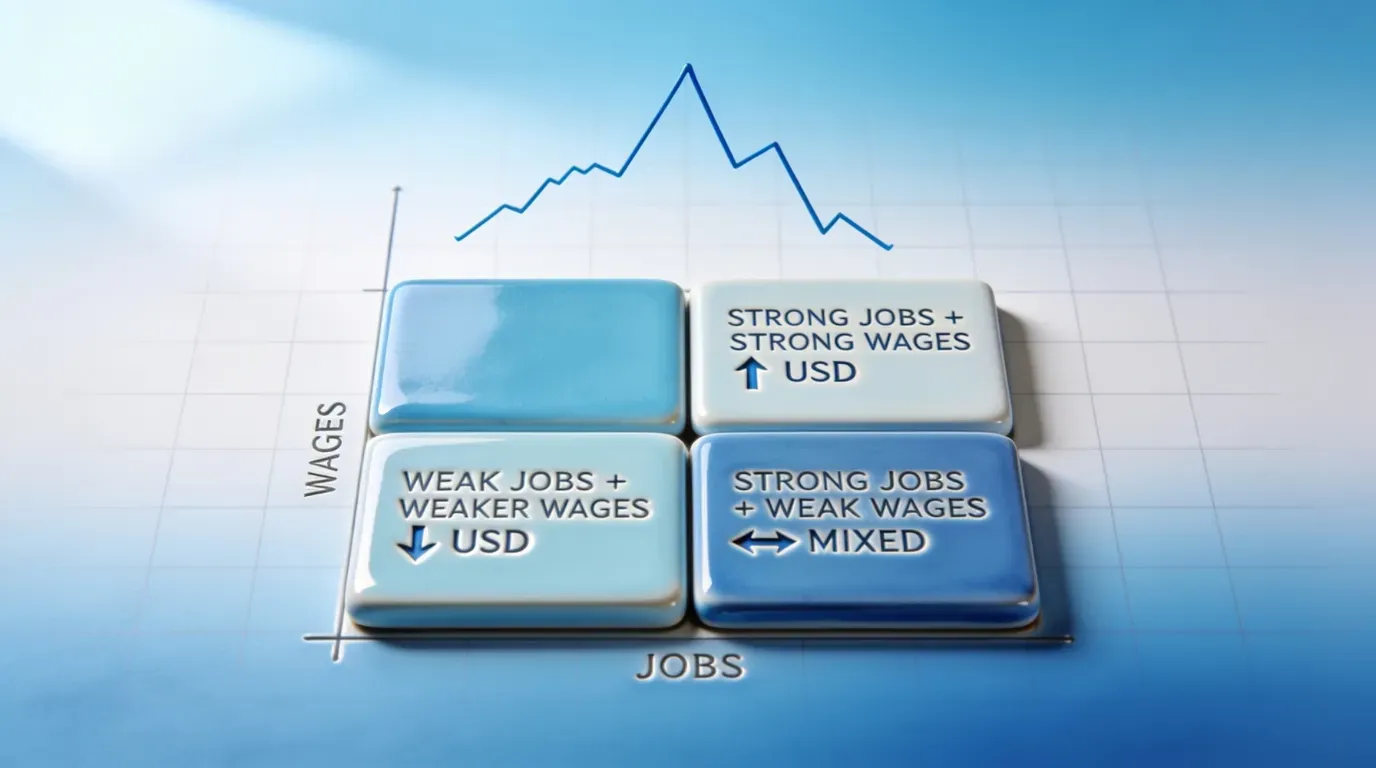 Grid of NFP scenarios comparing jobs and wages: strong jobs and wages lift the USD, weak jobs and wages weigh on it, mixed signals in between