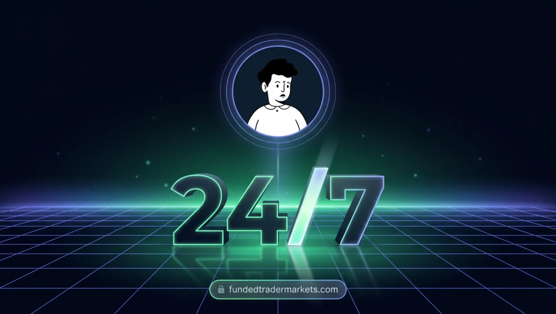 FTMate avatar above a glowing 24/7 sign and the fundedtradermarkets.com address