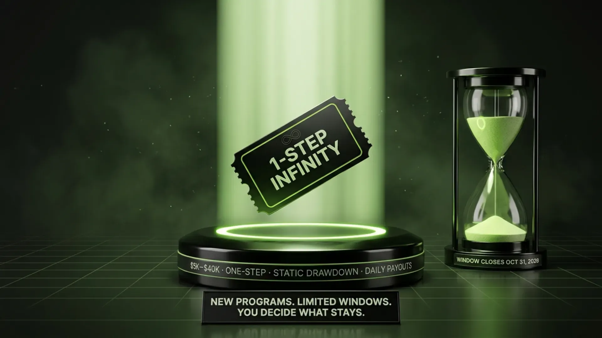 1-Step Infinity ticket floating above a glowing pedestal beside an hourglass, over the line New programs. Limited windows. You decide what stays.