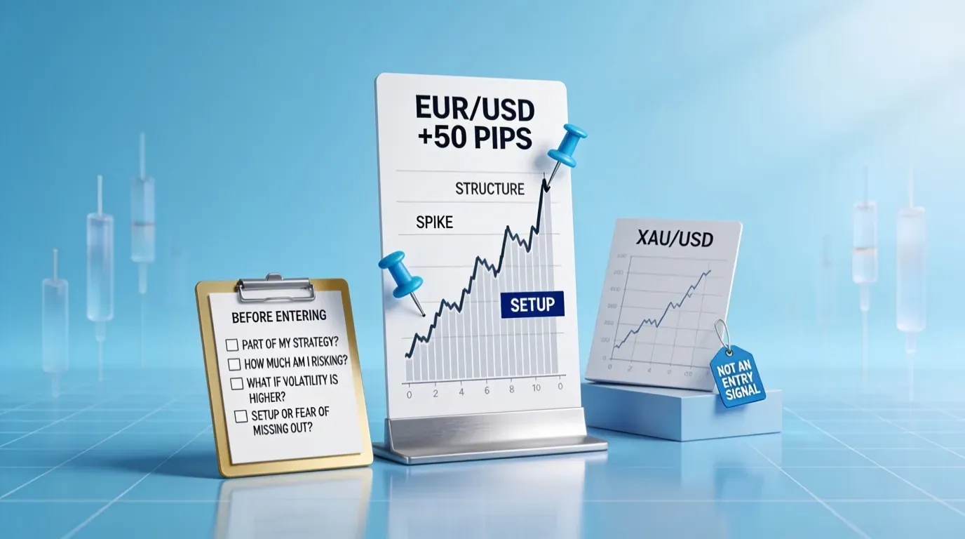 EUR/USD spiking 50 pips after NFP beside a pre-trade checklist and an XAU/USD chart tagged not an entry signal