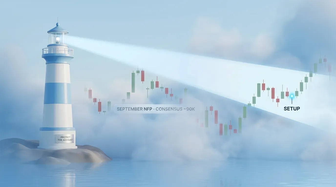 Lighthouse labelled protect the account shining through fog over a price chart toward a setup after the September NFP