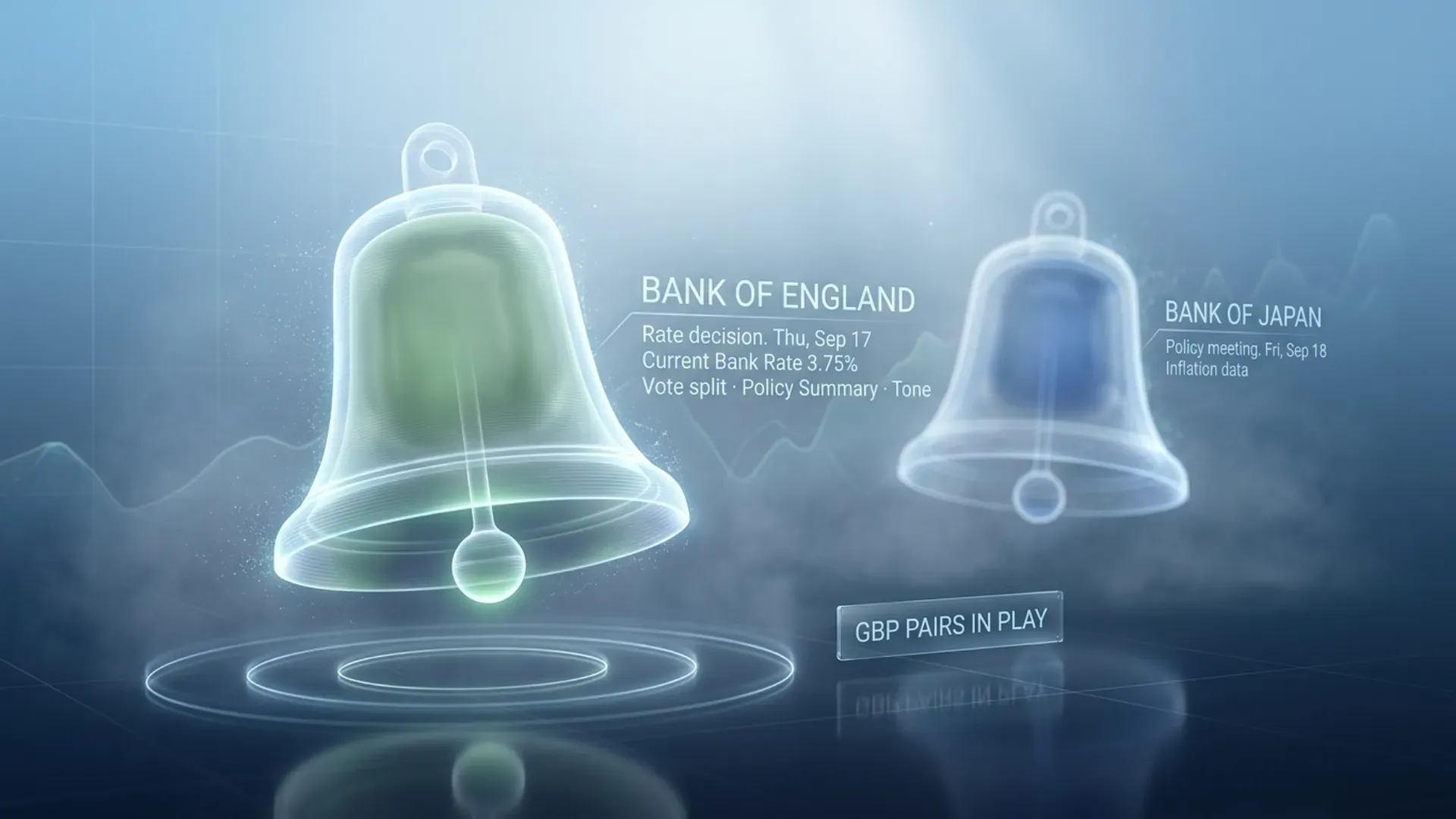 Two bells representing the Bank of England rate decision on Thursday and the Bank of Japan policy meeting on Friday, with GBP pairs in play