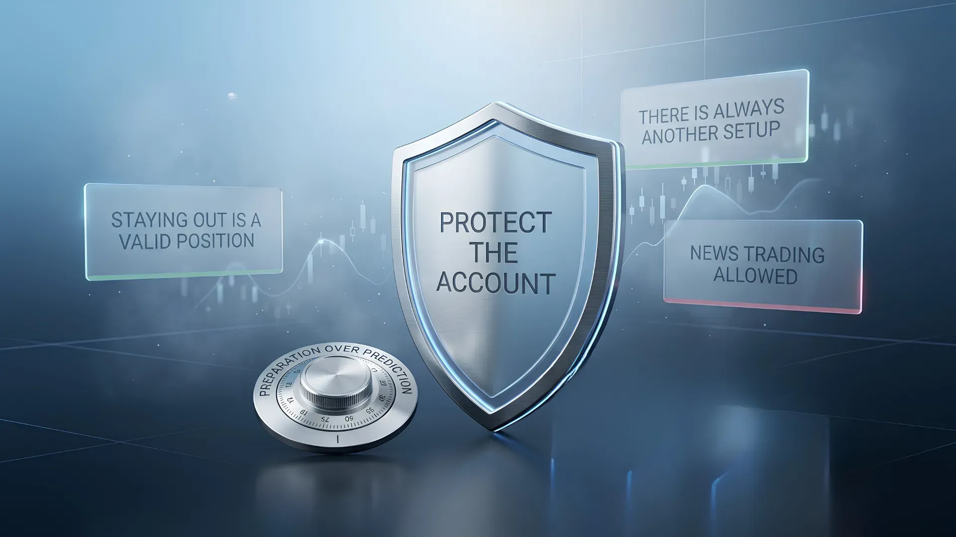 Shield reading protect the account, surrounded by notes saying staying out is a valid position, there is always another setup and news trading allowed