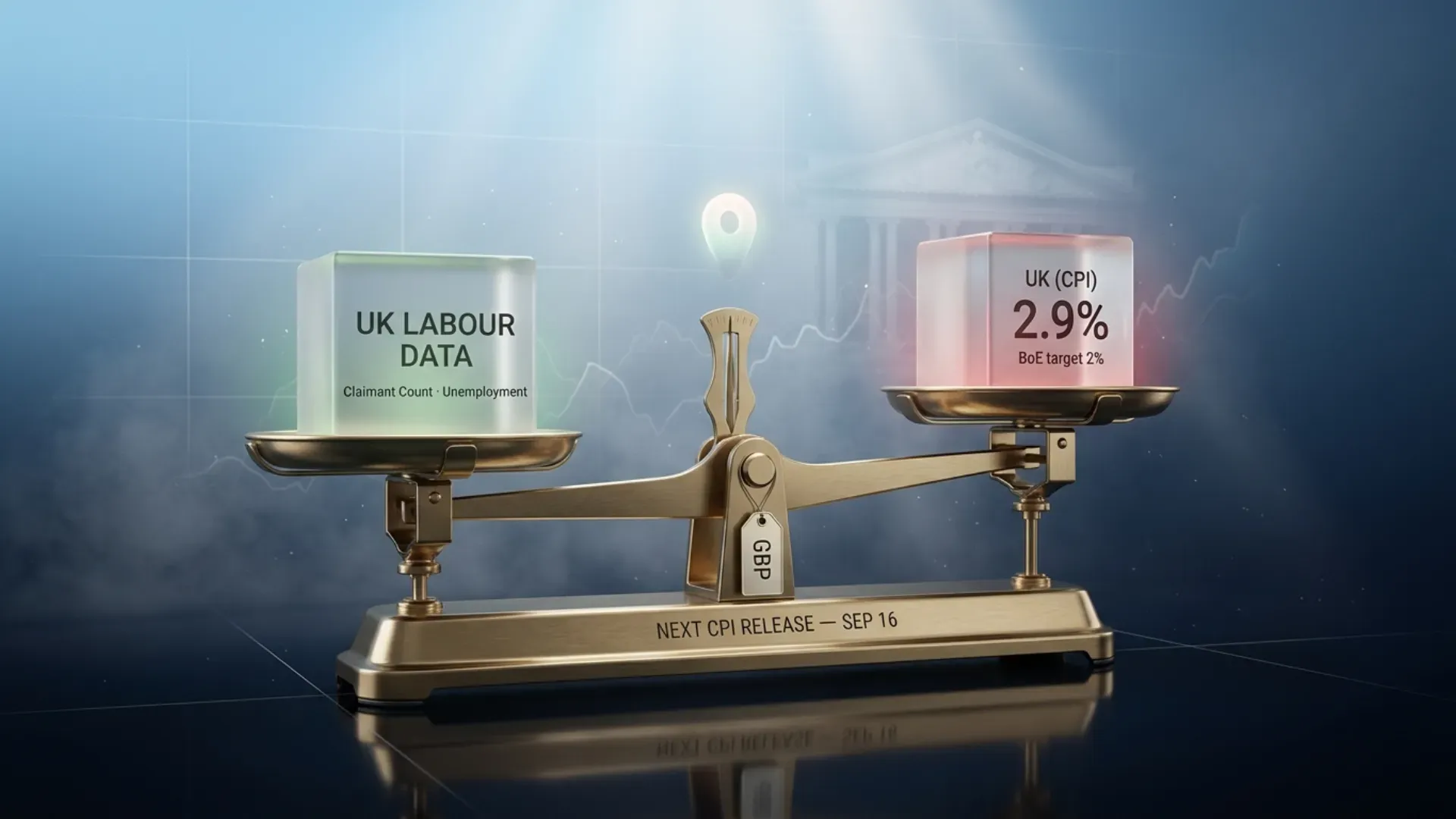 Balance scale weighing UK labour data against UK CPI at 2.9 percent versus the Bank of England's 2 percent target
