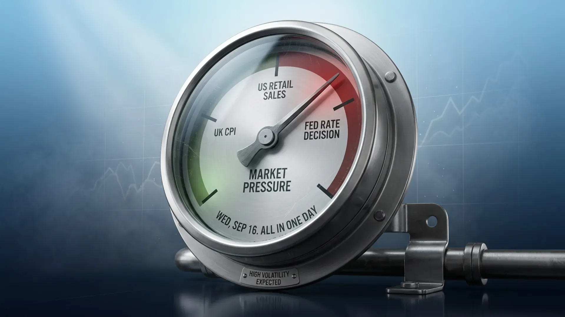 Pressure gauge reading UK CPI, US retail sales and the Fed rate decision in the red zone, marking Wednesday as the busiest day of the week