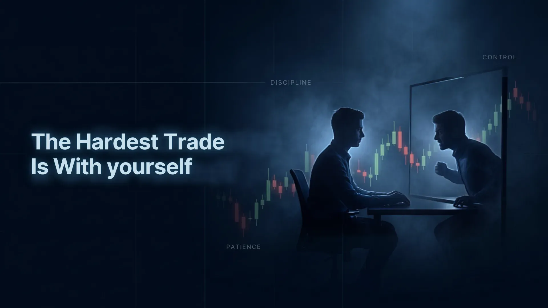 Trader facing his own frustrated reflection on a trading screen, with the words discipline, patience and control