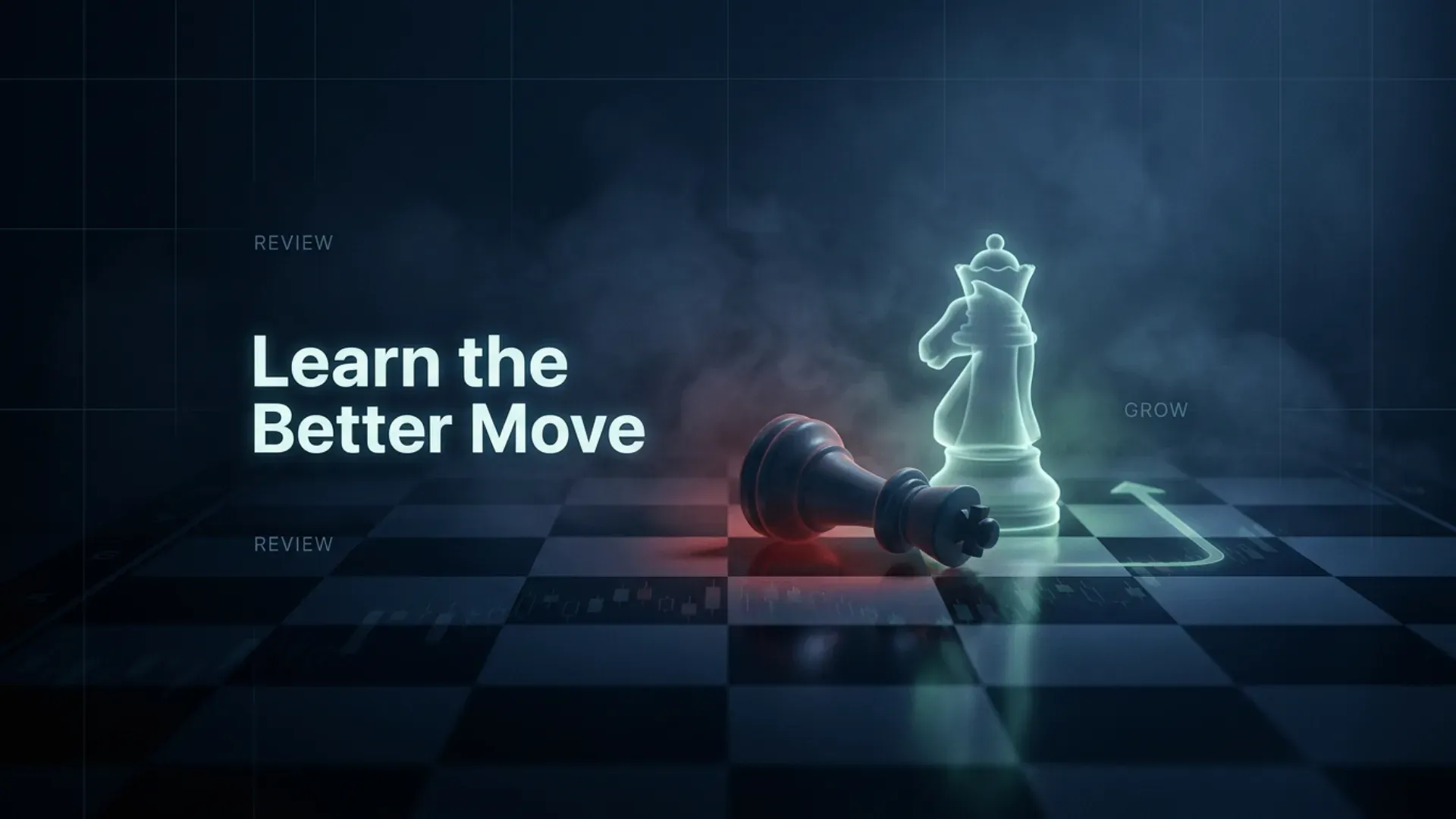  fallen chess piece next to a glowing knight on a candlestick chessboard, representing reviewing a loss and finding a better move