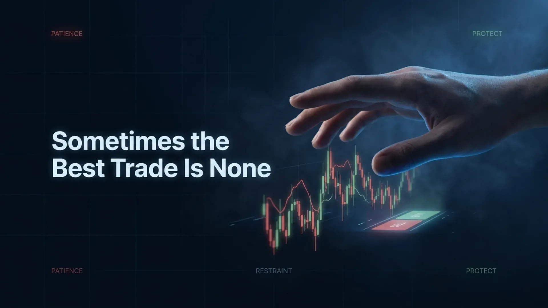 A hand held above a candlestick chart without touching it, illustrating restraint and protecting a funded account