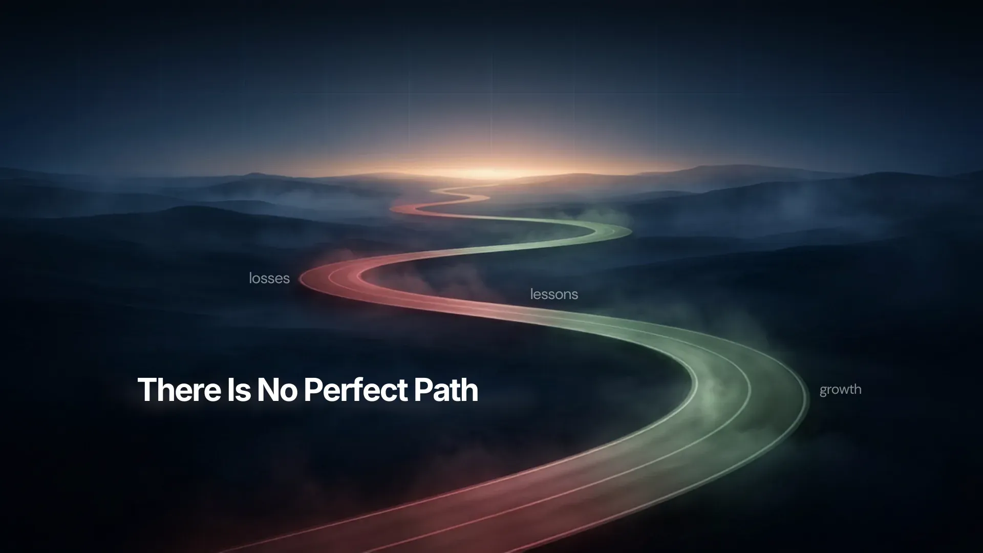 A winding road through dark hills toward sunrise, labelled losses, lessons and growth